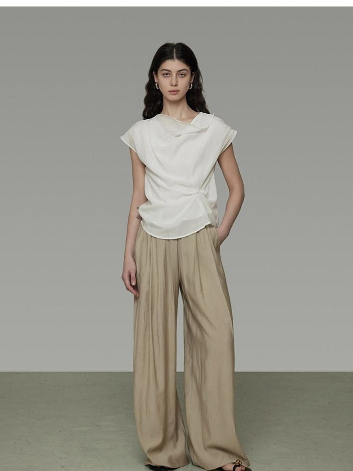 unspoken High Waist Pleated Elastic Workwear Khaki Viscose Wide Leg Pants
