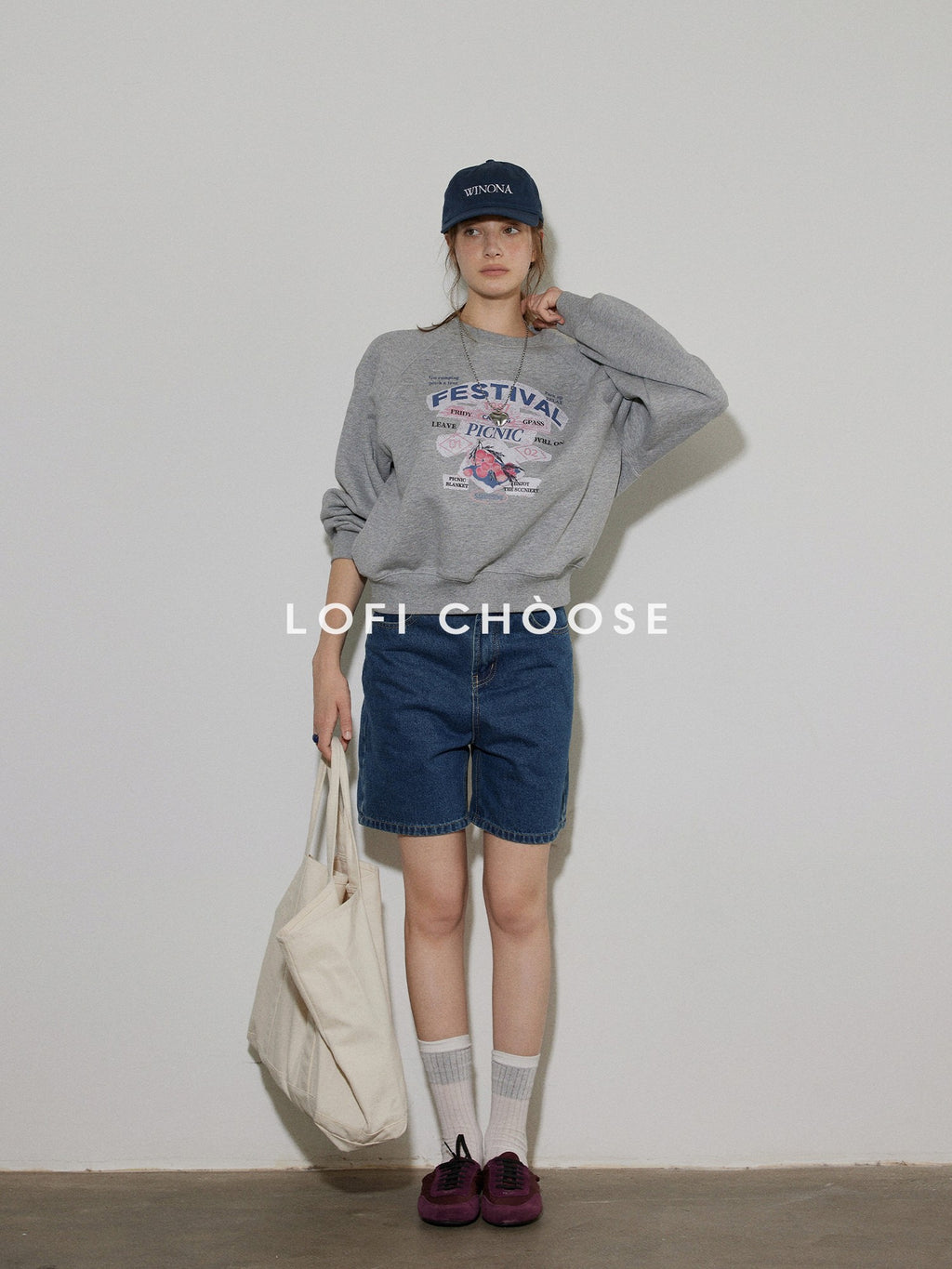 Lofi choose 100% Cotton Loose Fit Crewneck Pullover Commuter Women Blue Gray Sweatshirt