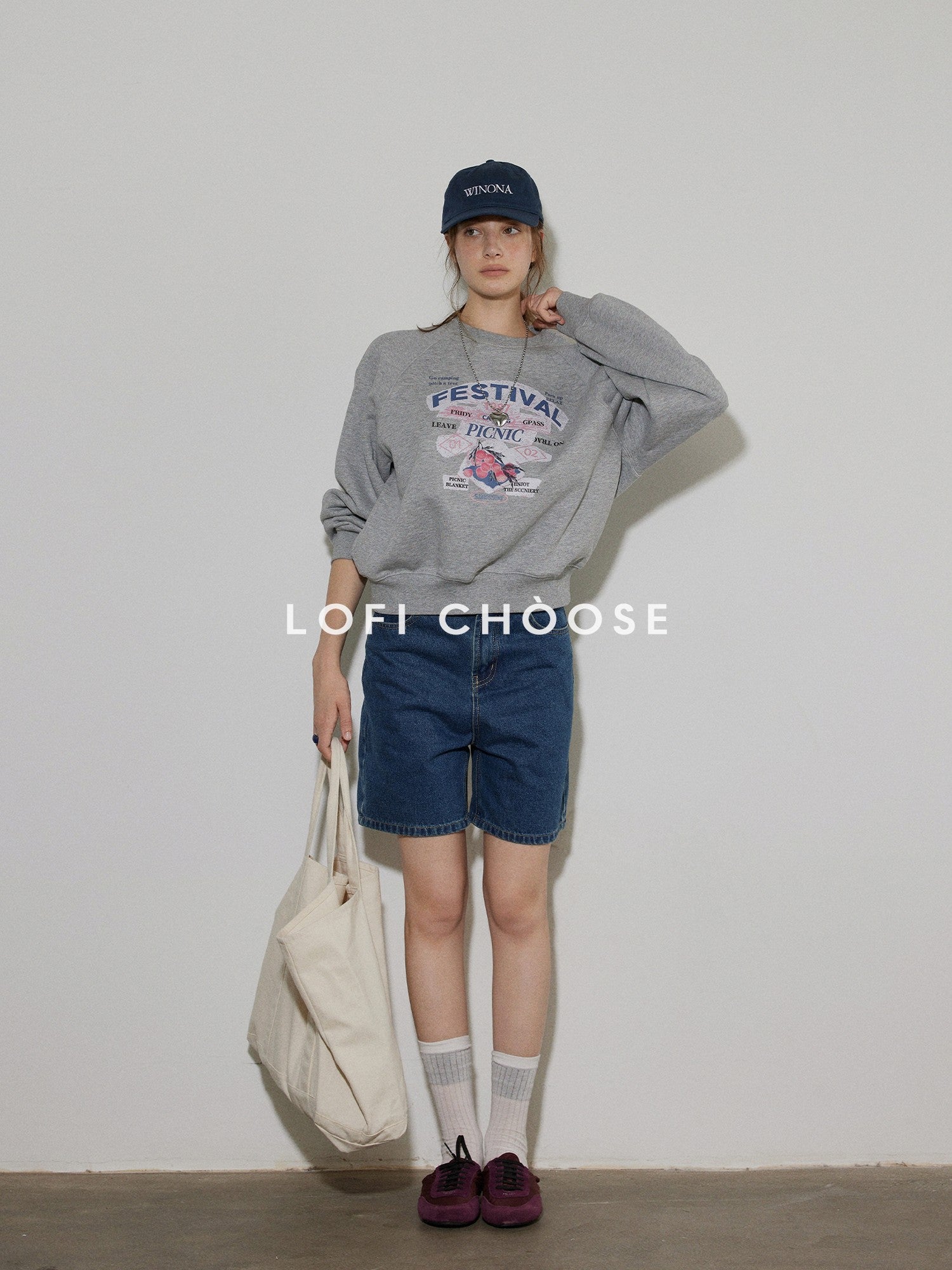 Lofi choose 100% Cotton Loose Fit Crewneck Pullover Commuter Women Blue Gray Sweatshirt