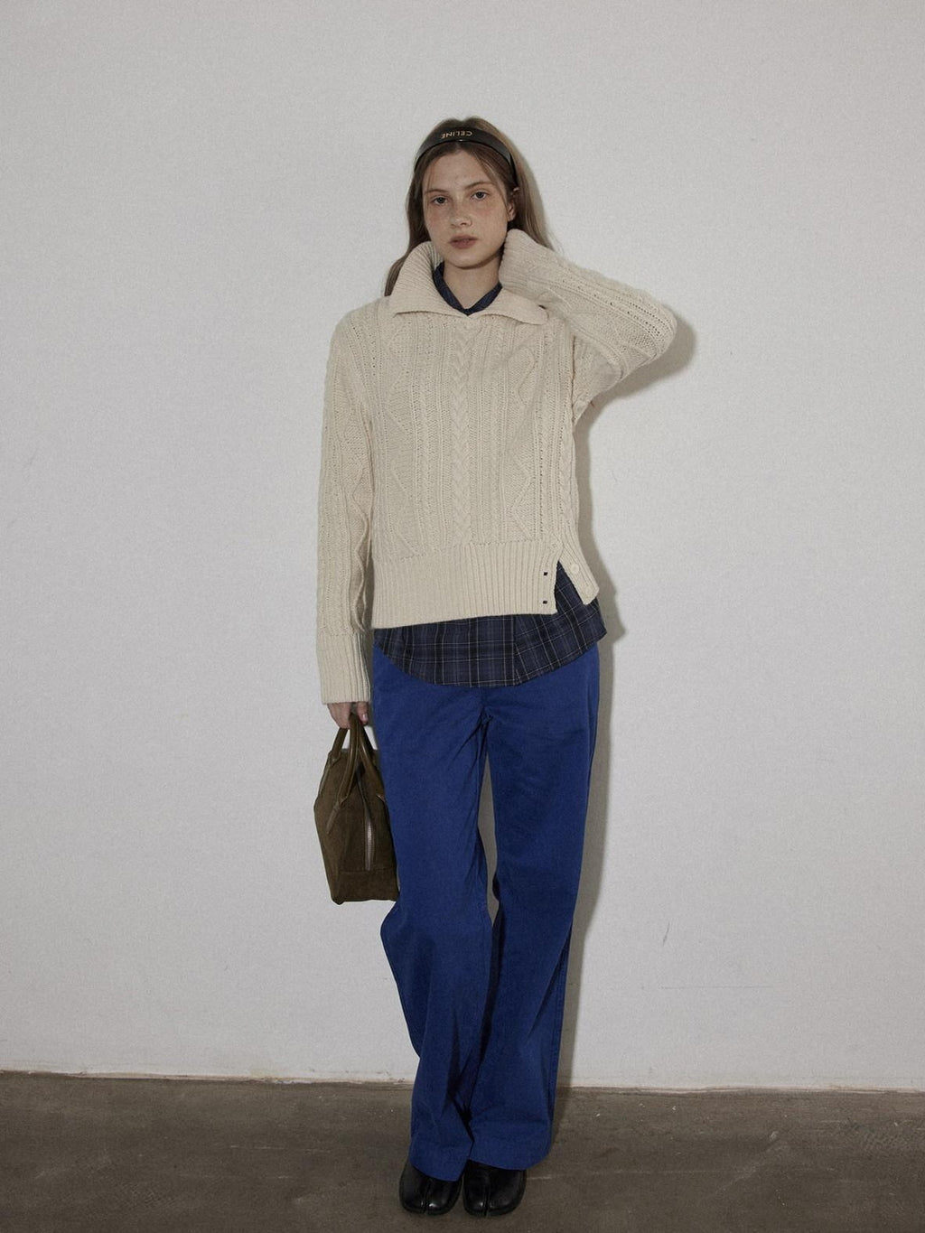 Lofi choose Cozy Pullover Relaxed Fit Commuter Office Knit Long Sleeve Beige Navy Sweaters