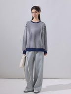 ikyou Soft Cotton Blend Loose Fit Striped Pullover Women Blue Gray Sweaters