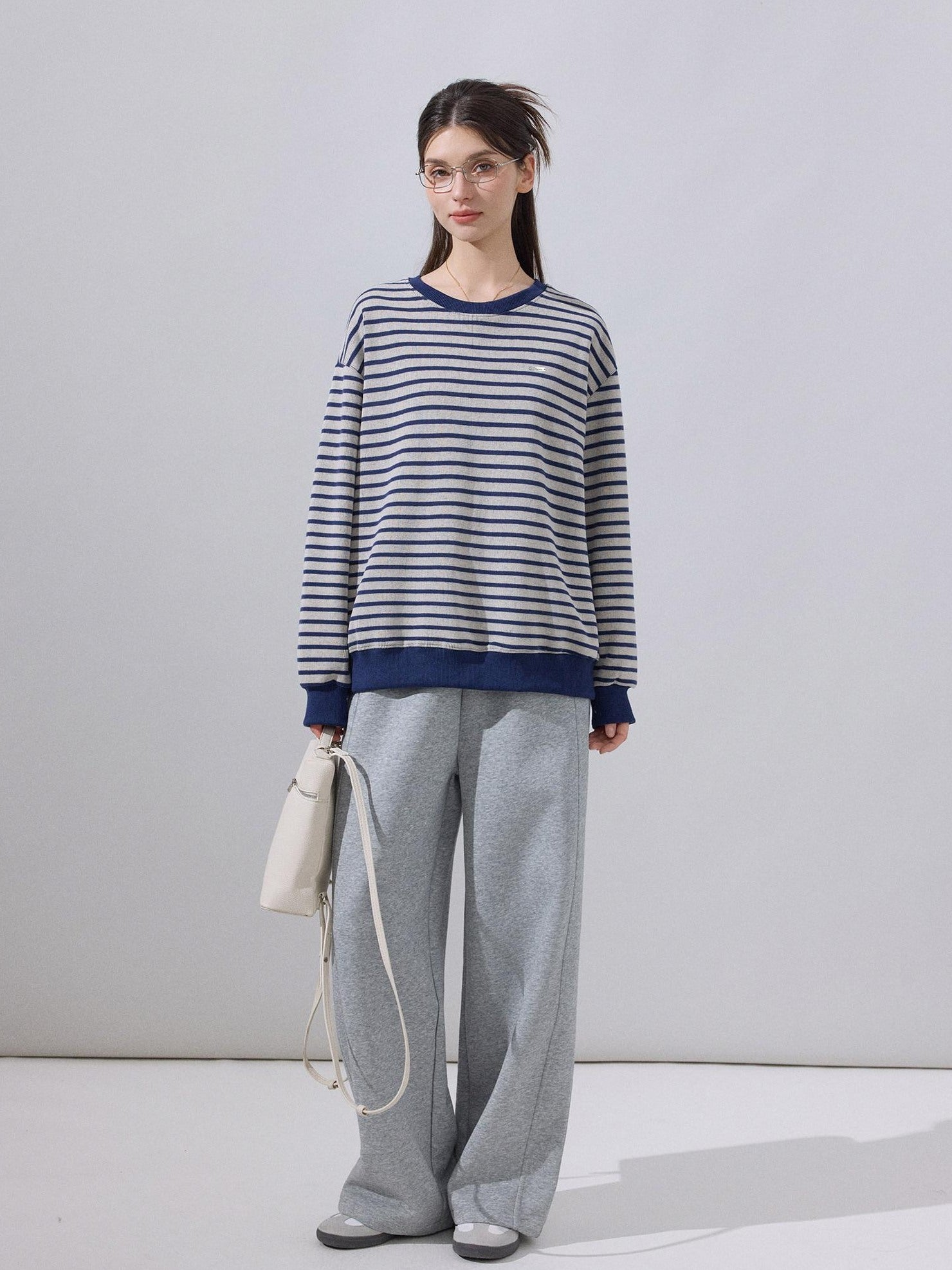 ikyou Soft Cotton Blend Loose Fit Striped Pullover Women Blue Gray Sweaters