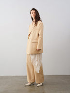 audreyyang Oversized Wool Single Button Notch Lapel Long Sleeve Women Cream Black Blazers