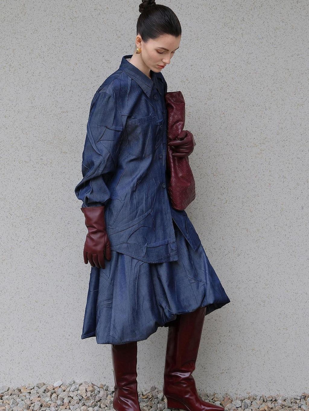 audreyyang Original Loose Pleated Faux Denim Collared Long Sleeve Girls Top & Skirt Sets