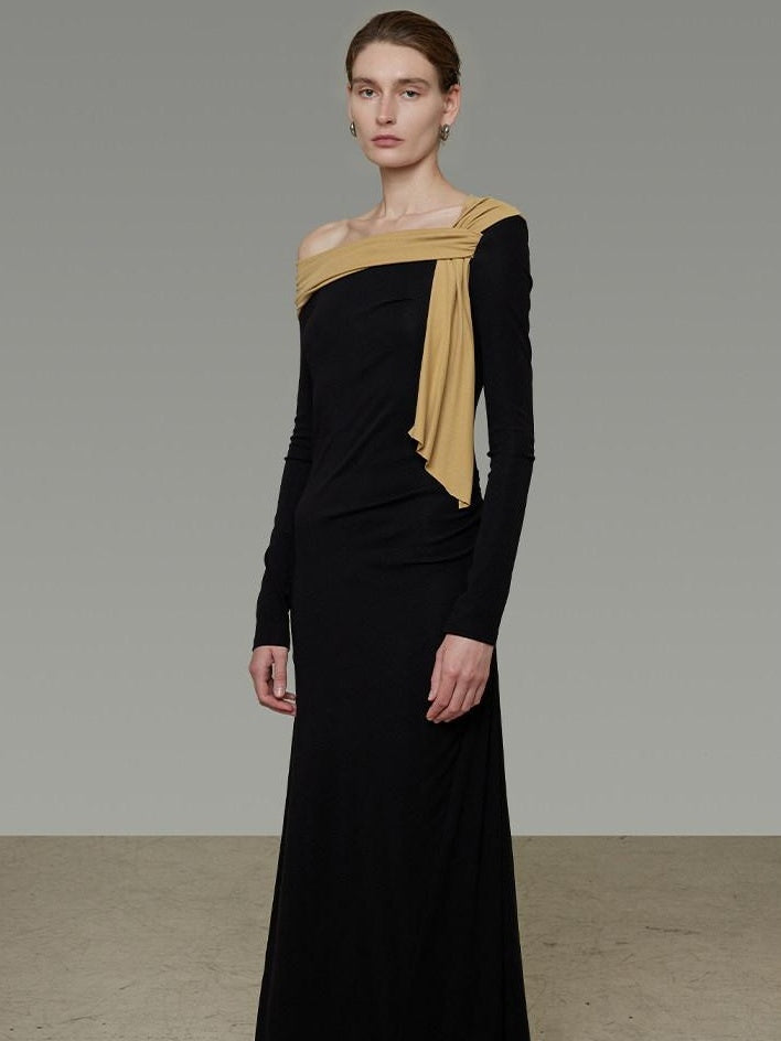 unspoken Breathable Lyocell Knit Slim A Line Waist Cinch V-neck Black Ladies Maxi Dresses