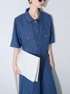 audreyyang Linen Blend Collared Short Sleeve Button Casual Denim Blue Top & Skirt Sets