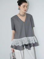 audreyyang Cotton Blend Commuter Patchwork Loose V-neck Heather Gray Short Sleeve T-Shirts