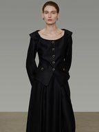 unspoken Slim Long Sleeve Square Neck Button Crop Top High Waist Black Top & Skirt Sets