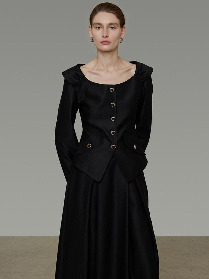 unspoken Slim Long Sleeve Square Neck Button Crop Top High Waist Black Top & Skirt Sets