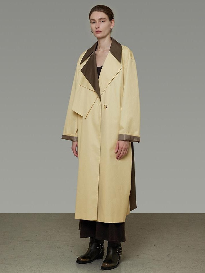 unspoken Minimalist Loose Fit Long Single Breasted Notch Collar Women Cream Trench Coats