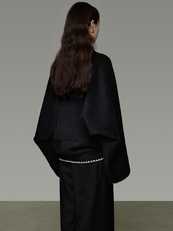 unspoken Minimalist Commuter Tailored Oversized V-neck Short Black Women Wool Coats