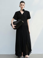 audreyyang Refined Solid V-neck Natural Waist Short Sleeve Casual Polyester Maxi Dresses