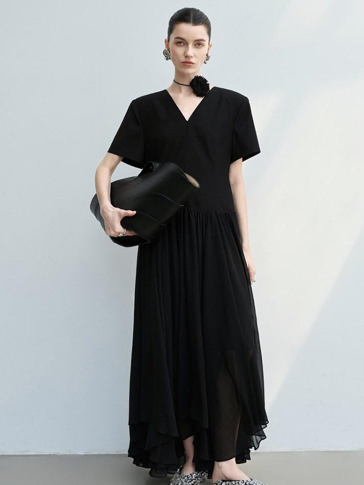 audreyyang Refined Solid V-neck Natural Waist Short Sleeve Casual Polyester Maxi Dresses