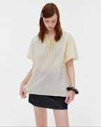 fano Yellow Tie Front Viscose Linen Blend Relaxed Korean Short Sleeve Women Blouses