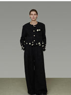 unspoken Warm Button Crew Neck Relaxed Short Workwear Women Black Ivory Cropped Jackets