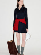 fano Soft Embroidered Tencel Vintage Aline Slim Long Sleeve Navy Midi Dresses