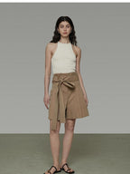 unspoken High Waist Drawstring Minimalist Workwear Cotton Blend Khaki Mid-Length Shorts