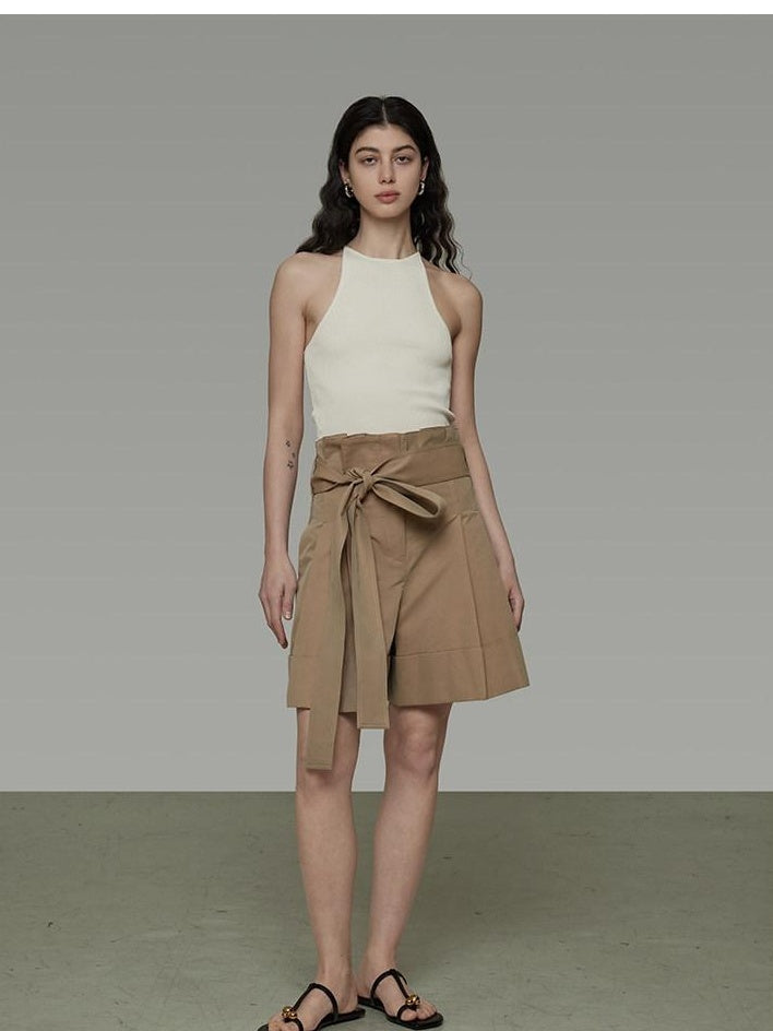 unspoken High Waist Drawstring Minimalist Workwear Cotton Blend Khaki Mid-Length Shorts