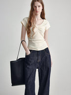 fano V-neck Drawstring Cotton Blend Minimal Straight Women Short Sleeve T-Shirts