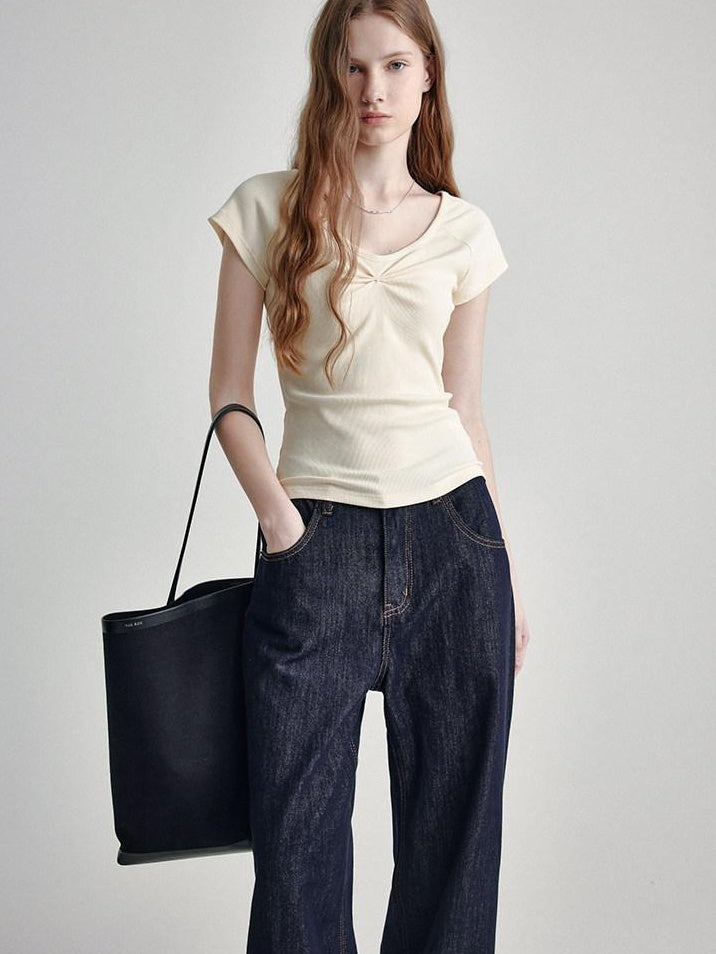 fano V-neck Drawstring Cotton Blend Minimal Straight Women Short Sleeve T-Shirts