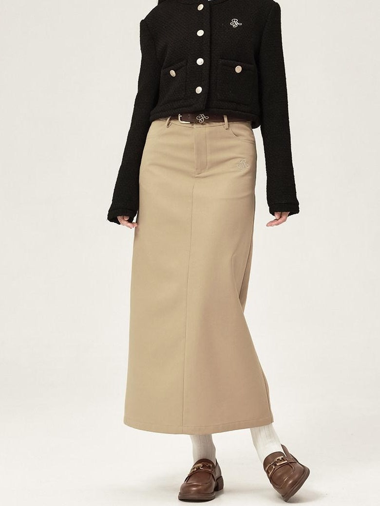 ikyou High Waist Embroidered A Line Minimal Office Midi Khaki Black Maxi Skirts