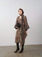 audreyyang Black Polka Dot Viscose Blend Puff Sleeve Cinched Waist Women Maxi Dresses