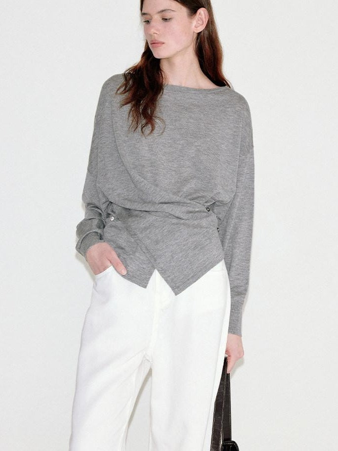 fano Soft Wool Blend Relaxed Loose Batwing Boat Neck Womens Knit Sweaters