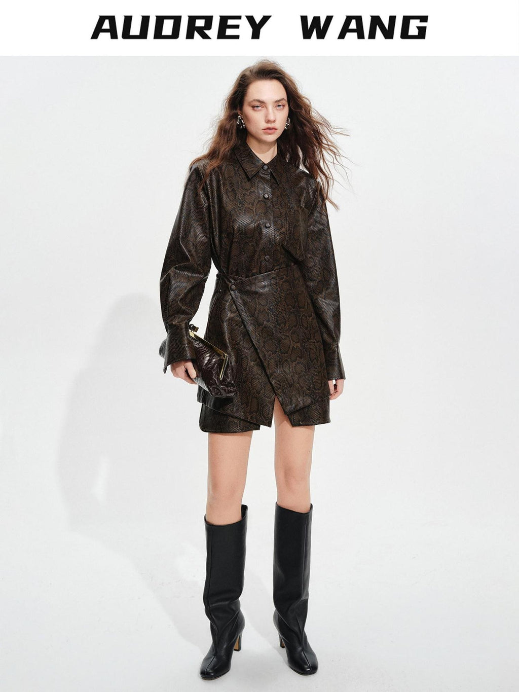 audreyyang Detachable Vintage Snake Print Pu Midlength Relaxed Womens Lapel Leather Jackets