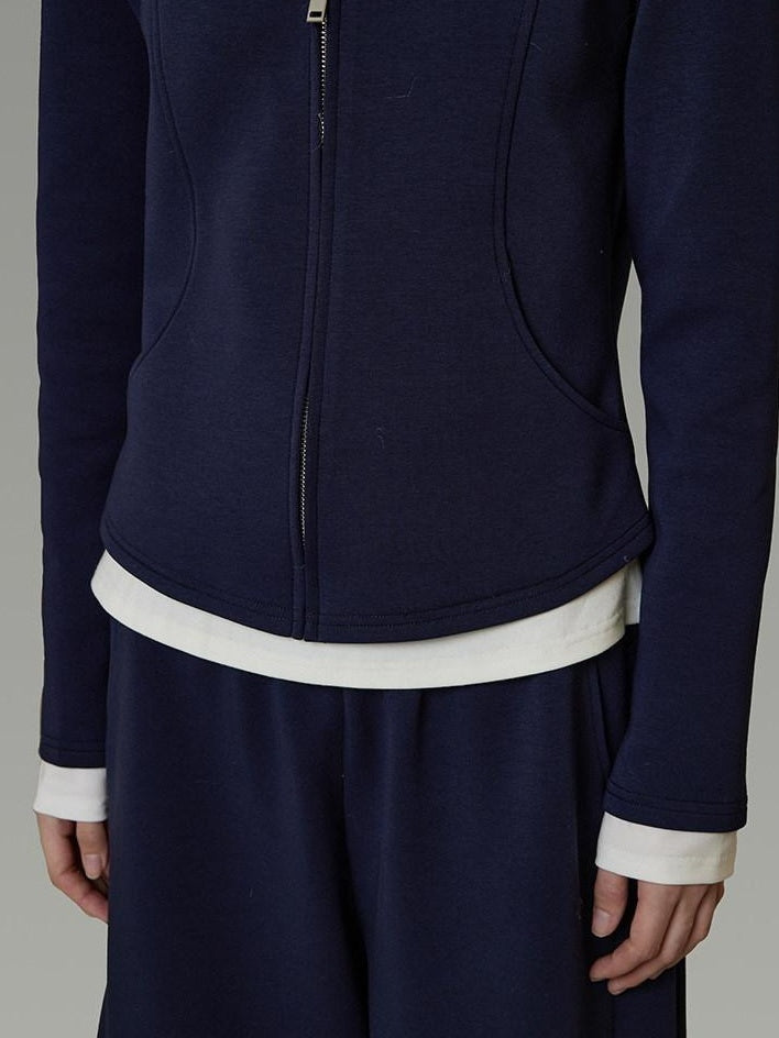 unspoken Warm Slim Fit Zip Hooded Cardigan High Waist Commuter Polyester Navy Lounge Sets