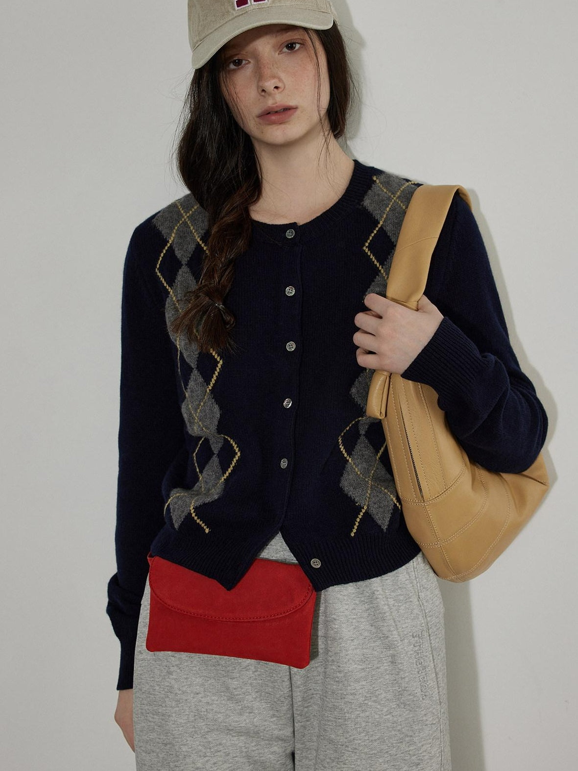 Lofi choose Soft Midweight British Argyle Contrast Button Women Knitwear Cardigans