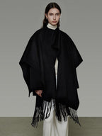 unspoken Pure Sheepswool Fringed Cape Commuter Women Structured Black Wool Coats