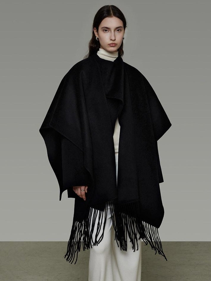 unspoken Pure Sheepswool Fringed Cape Commuter Women Structured Black Wool Coats