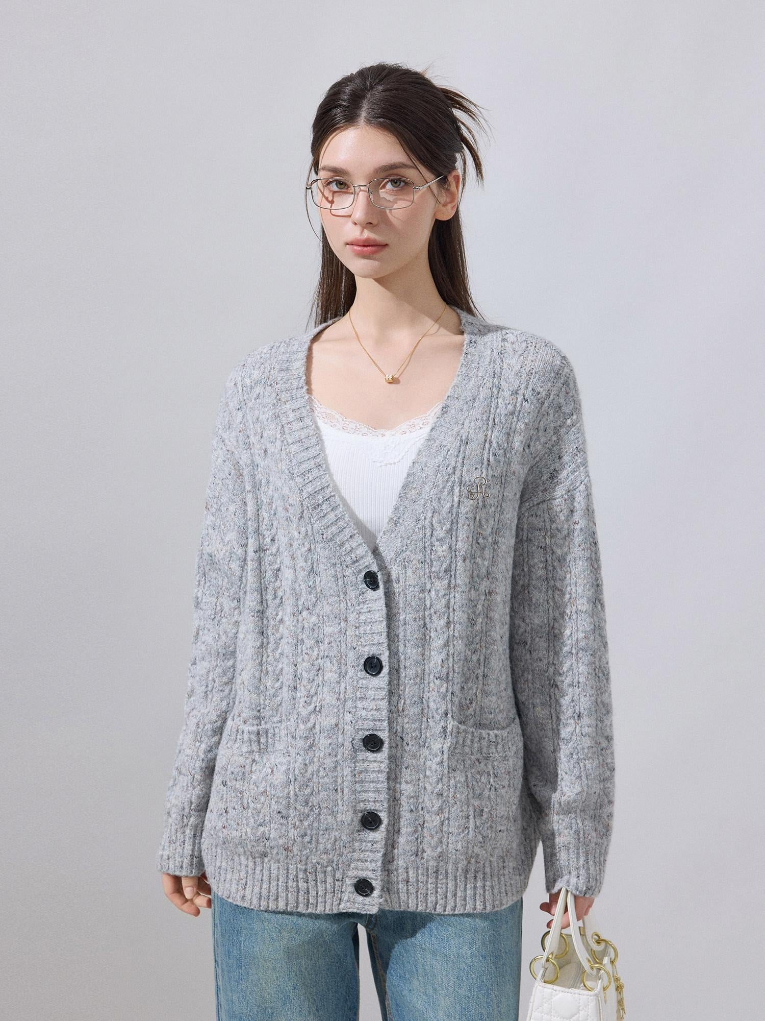 ikyou Soft Breathable Slouchy Loose V-neck Long Sleeve Gray Knit Casual Women Cardigans