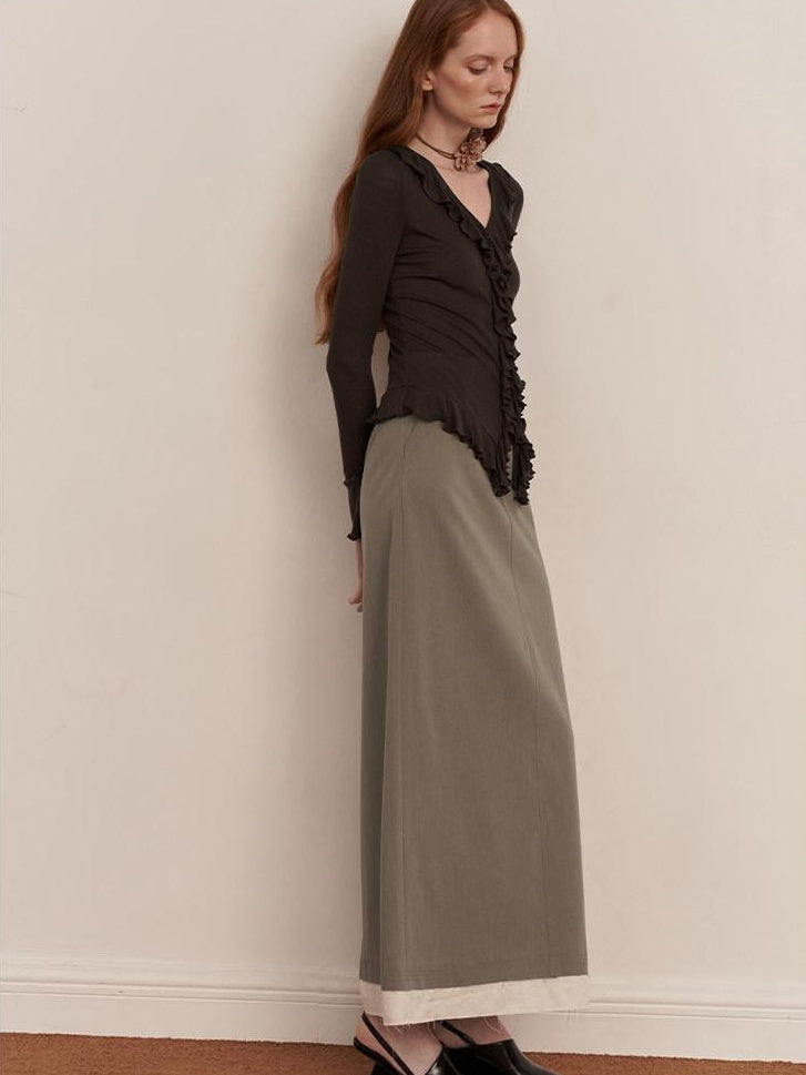 someone sometimes Elegant Patchwork Low Waist H Shape Straight Camel Women Daily Midi Skirts