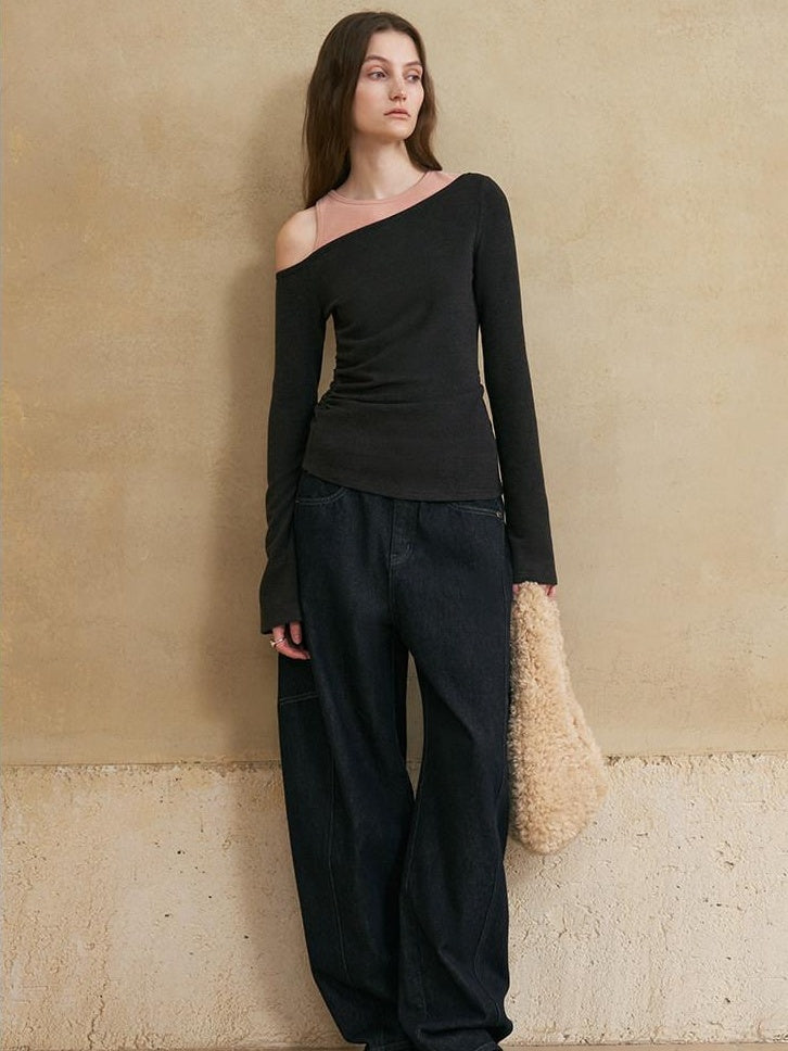 someonesometimes Colorblock Charcoal Pink Asymmetrical Knit Loose Viscose Off Shoulder Crop Tops