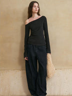 someonesometimes Colorblock Charcoal Pink Asymmetrical Knit Loose Viscose Off Shoulder Crop Tops