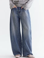 fano Breathable Cotton Natural Waist Relaxed Pocketed Casual Blue Straight Leg Jeans