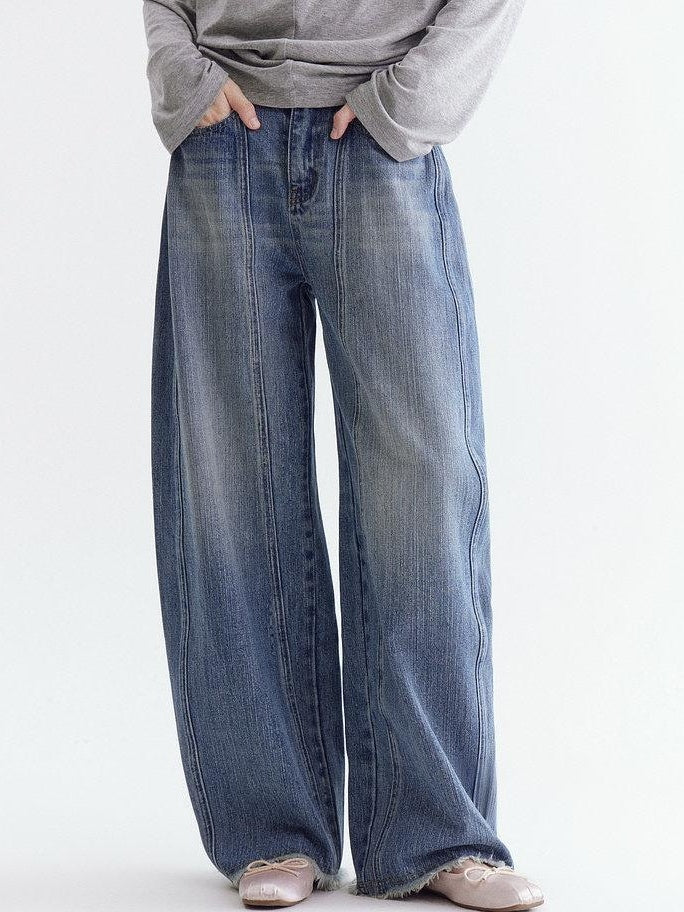 fano Breathable Cotton Natural Waist Relaxed Pocketed Casual Blue Straight Leg Jeans