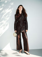 audreyyang Pu Faux Leather Casual Natural Waist Zip Fly Women Straight Pants