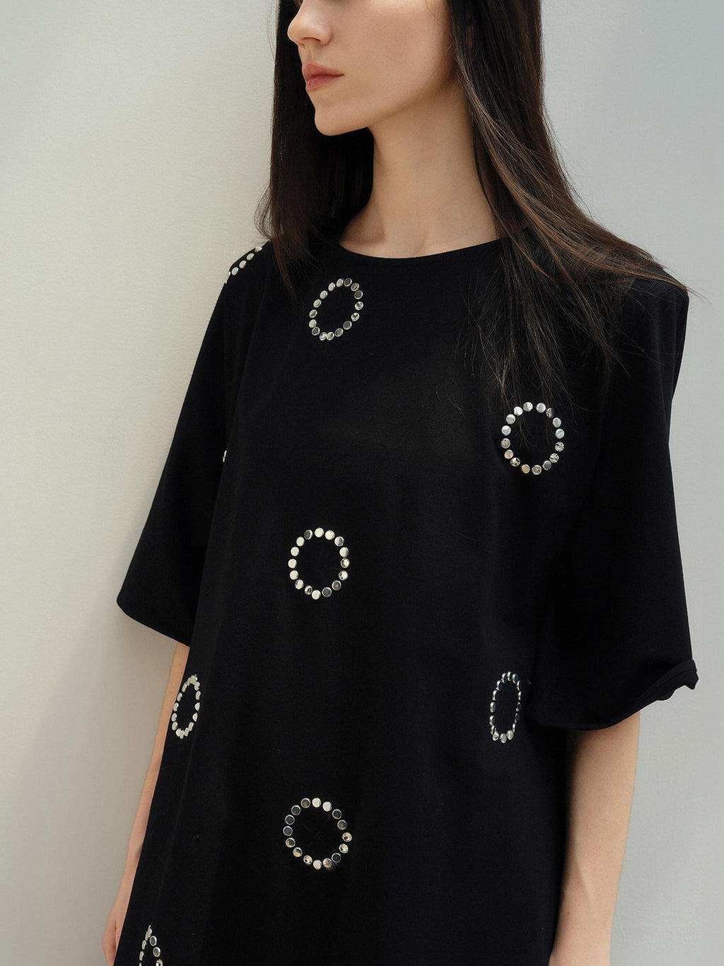 audreyyang Rhinestone Asymmetric Loose Fit Women Cotton Crew Black Short Sleeve T-Shirts