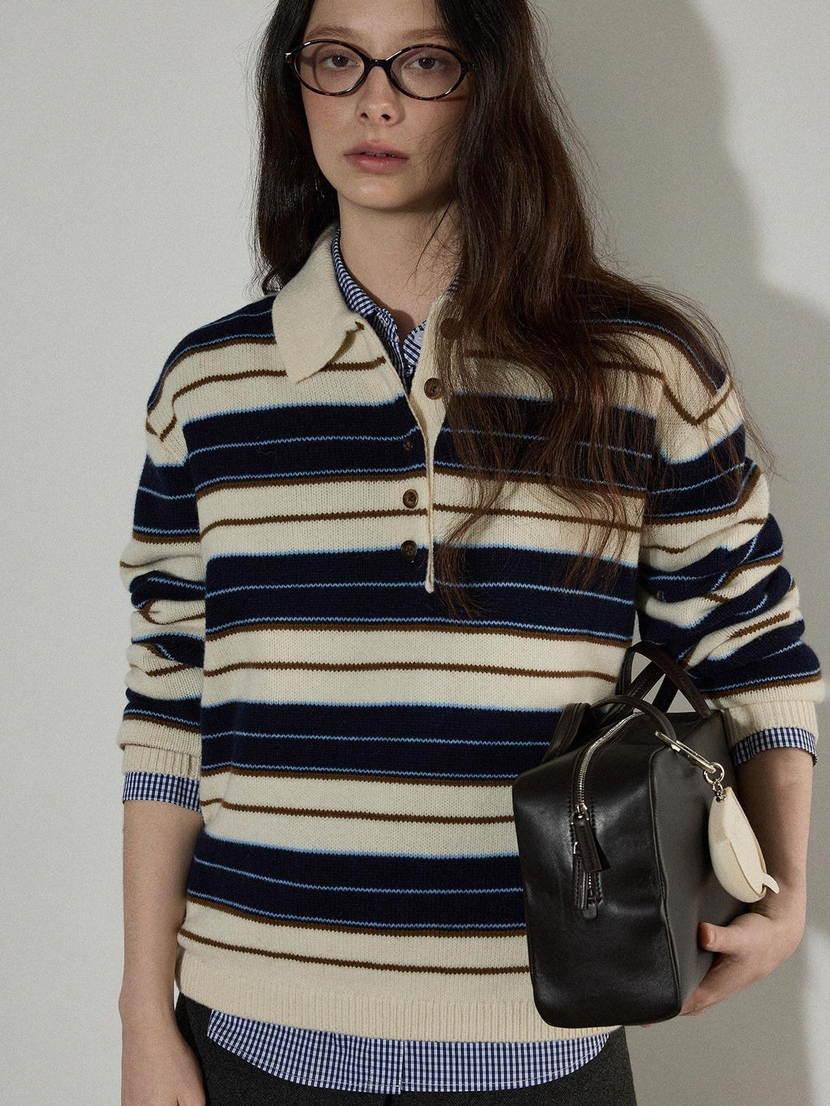 Lofi choose Contrast Polo Collar Striped Loose Office Knit Button Pullover Women Sweaters