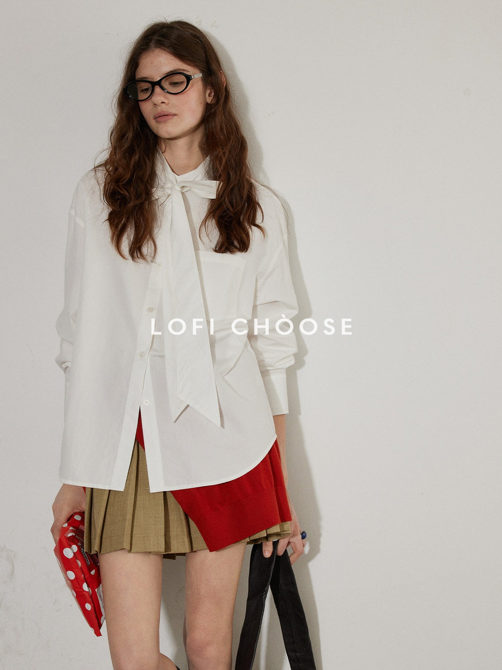 Lofi choose Elegant Ribbon Tie Neck Office Loose Fit Long Sleeve Button Blouses