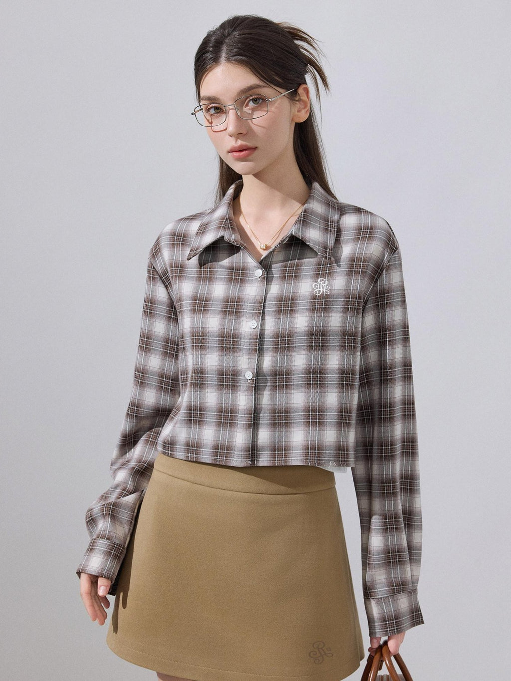 ikyou Embroidered Plaid Crop Slim Fit Collared Long Sleeve Casual Women Brown Shirts