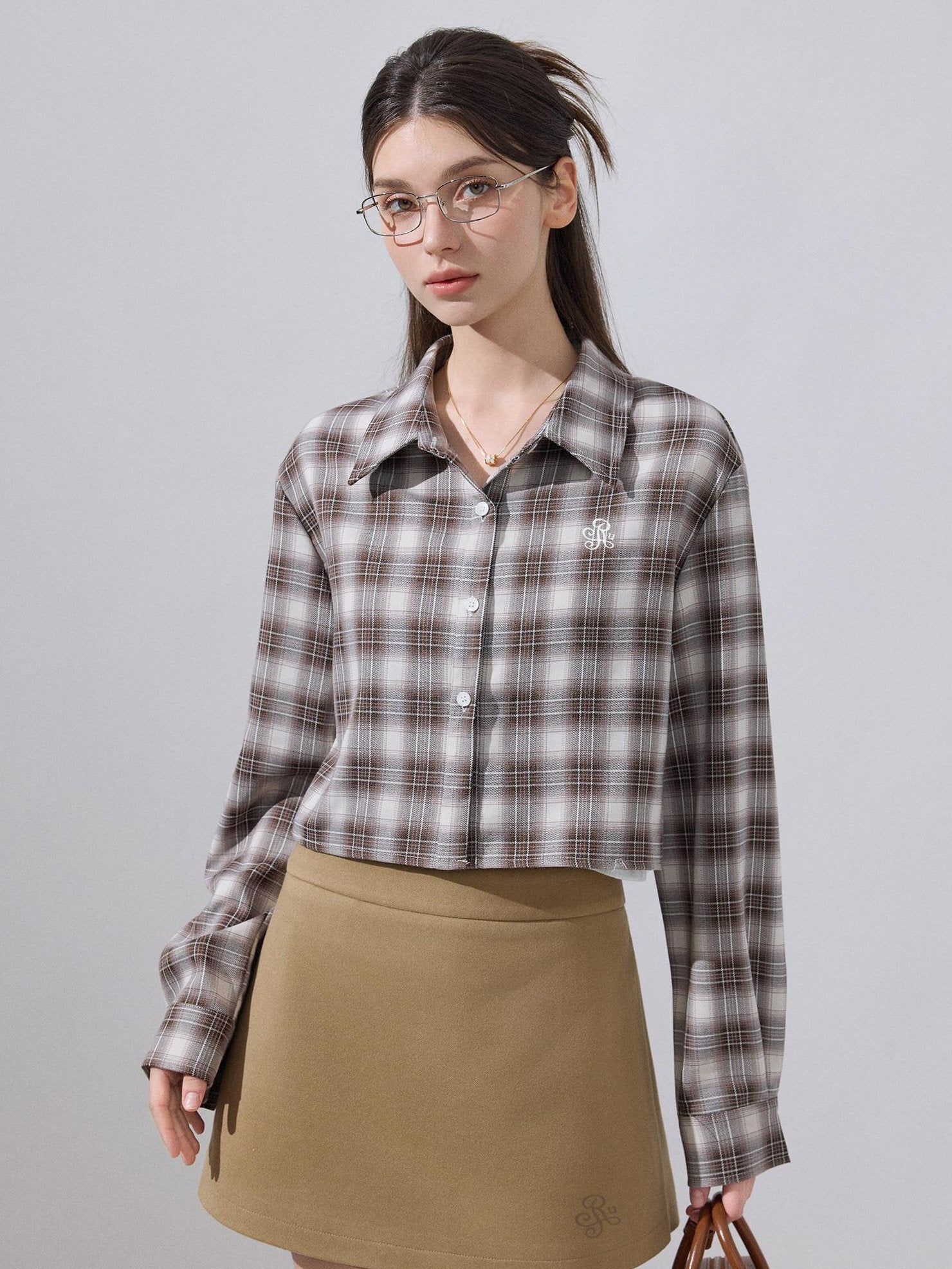 ikyou Embroidered Plaid Crop Slim Fit Collared Long Sleeve Casual Women Brown Shirts