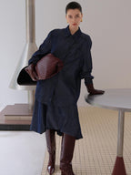 audreyyang Original Pleated Faux Denim Relaxed Buttoned Collared Girls Top & Skirt Sets