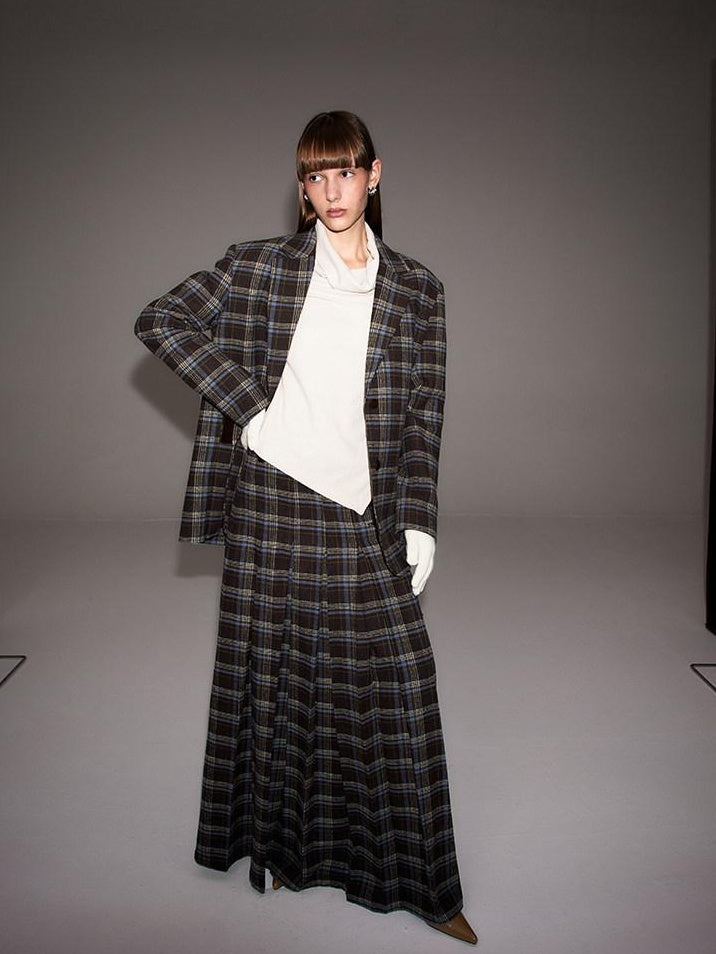 someone sometimes Original Design Plaid V-neck Long Sleeve Polyester Office Chic Top & Skirt Sets