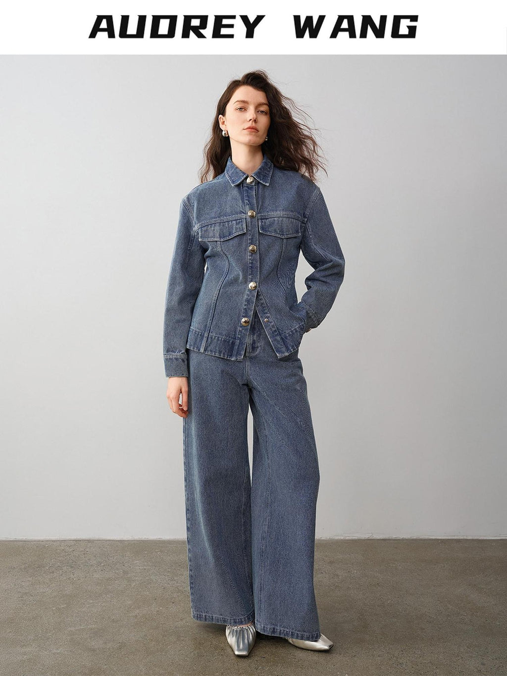 audreyyang 100% Cotton Vintage Loose Fit Button Long Sleeve Denim Women Top & Pants Sets