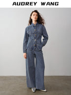 audreyyang 100% Cotton Vintage Loose Fit Button Long Sleeve Denim Women Top & Pants Sets