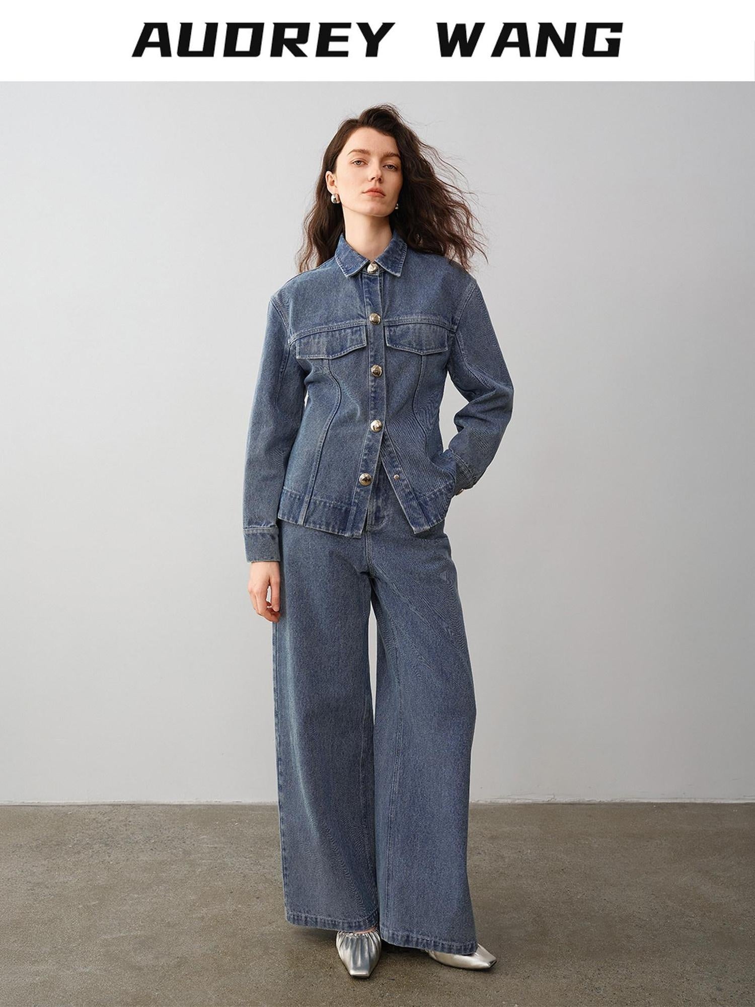 audreyyang 100% Cotton Vintage Loose Fit Button Long Sleeve Denim Women Top & Pants Sets