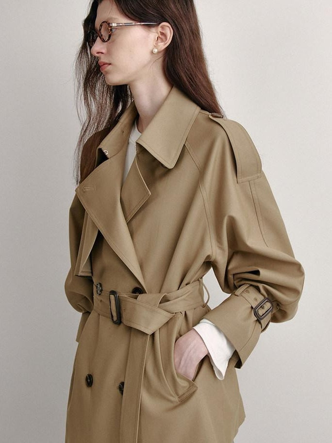 fano Buttoned Double Breasted Short Loose Fit Women Khaki Beige Trench Coats